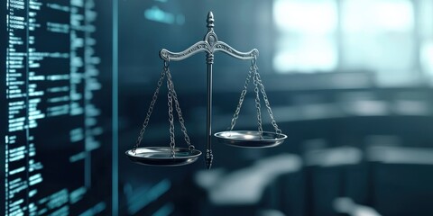 law restriction policy concept. Silver scales of justice in a digital environment.