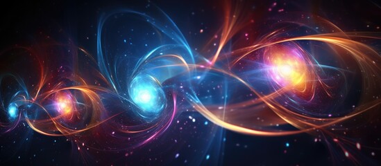 Naklejka premium Vibrant cosmic energy waves in blue orange and purple hues swirl around a central point representing a nucleus in a mesmerizing spacetime backdrop