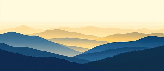 Serene gradient landscape with soft blue and golden hues showcasing layered mountain silhouettes fading into the horizon under a light sky.