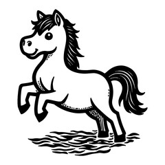 Cute Chibi Cartoon Horse Standing in Woodcut Style Detailed Black and White Outline Line Art Drawing
