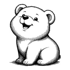 Cute Cartoon Bear Cub Sitting Upright Detailed Illustration Black and White Outline Line Art Drawing © Reytr