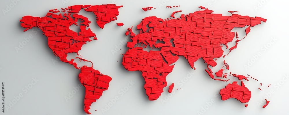 Poster law restriction policy concept. red world map made of textured shapes on a light background.