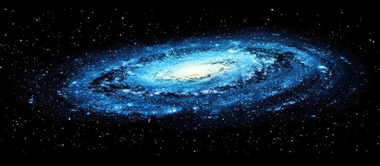 Obraz premium Vibrant blue spiral galaxy with a bright center, stars scattered throughout the dark background, showcasing the beauty of the cosmos.