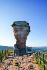 View of the ruins of Drachenfels Castle on the Busenberg. Rock castle in the southern part of the...