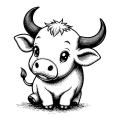 Adorable Smiling Cartoon Bull with Big Eyes Detailed Black and White Outline Line Art Drawing