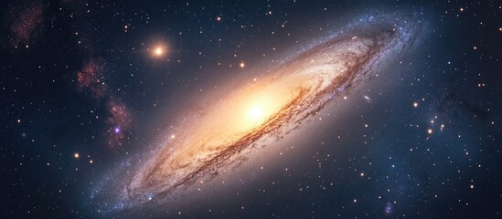 Vibrant Andromeda galaxy with luminous golden center suspended in a deep blue night sky, surrounded by distant stars and a sense of cosmic wonder.