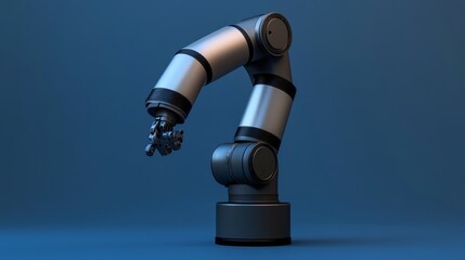 Obraz premium Against a deep blue background, a sophisticated robotic arm is assembling complex parts with unmatched accuracy and elegant movements.