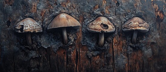 Mushrooms on aged wooden trunks with rich browns and grays showcase nature's healing essence promoting mental well-being and tranquility in the outdoors.