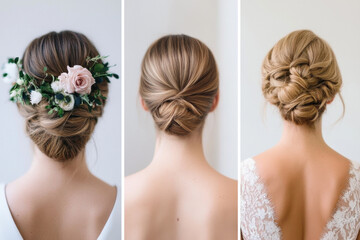 Bride showing different wedding hairstyles with flowers and braids
