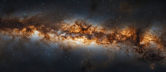 Obraz premium Galactic panorama showcasing vibrant orange and white star regions against a deep black backdrop with scattered stars emphasizing cosmic depth.