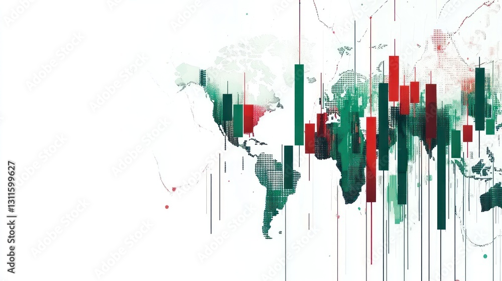 Poster global market trends. world map with candlestick charts. background data visualization. useful for b