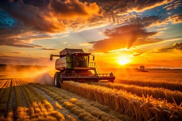 Fototapeta premium Sunset Harvest: Silhouetted Harvester Mowing Ripe Field