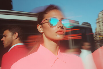 Stylish woman wearing sunglasses in urban setting with motion blur