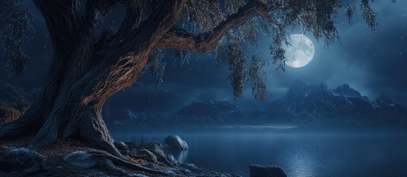 A serene, mystical tree with twisted branches, bathed in soft moonlight, near a tranquil lake with dark mountains in the background.