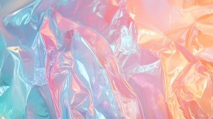Fototapeta premium Iridescent crumpled plastic material catches pastel colored light beautifully