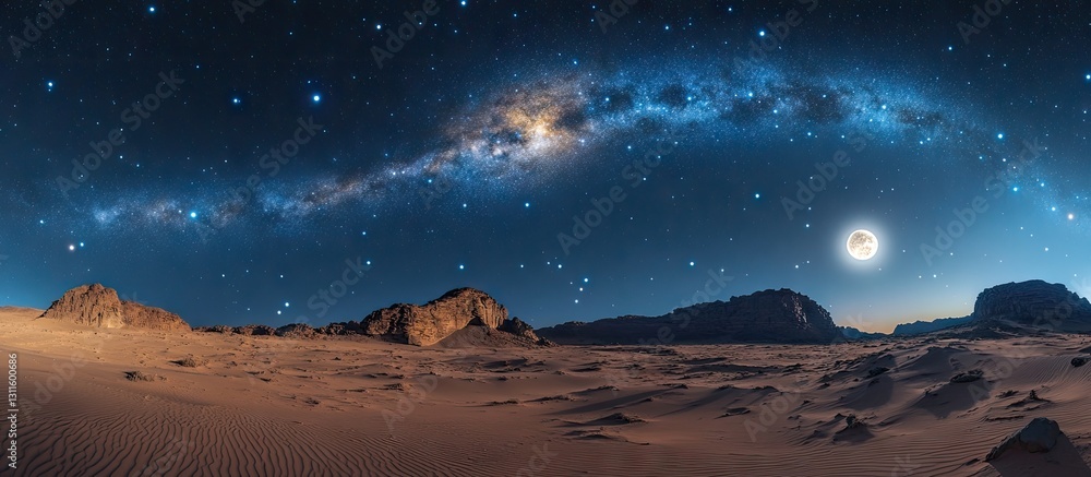 Wall mural night sky panorama showcasing a vibrant milky way arching over a desert landscape with distant mount