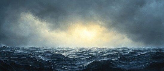 Fototapeta premium Dramatic seascape with dark gray and blue waves under an overcast sky golden rays breaking through clouds creating a turbulent ambiance