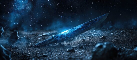 Cosmic Landscape Featuring a Glowing Blue Sword Amidst Dark Rocky Terrain and Stardust Particles with a Starry Night Sky in the Background