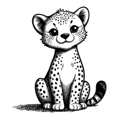 Cute Cheetah Chibi Cartoon Sitting Front View Detailed Black and White Outline Line Art Drawing