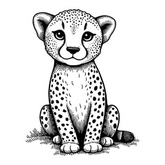 Cute Cheetah Chibi Cartoon Sitting Front View Detailed Black and White Outline Line Art Drawing © Reytr