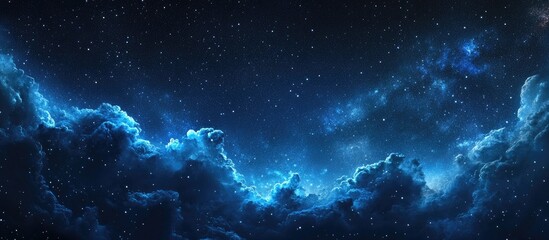 Naklejka premium Panoramic view of a surreal night sky filled with vibrant blue clouds and twinkling stars set against a dark backdrop of the Milky Way
