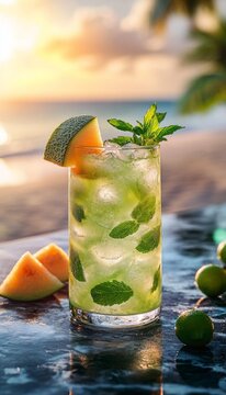 melon artisan mojito in a glass on the beach