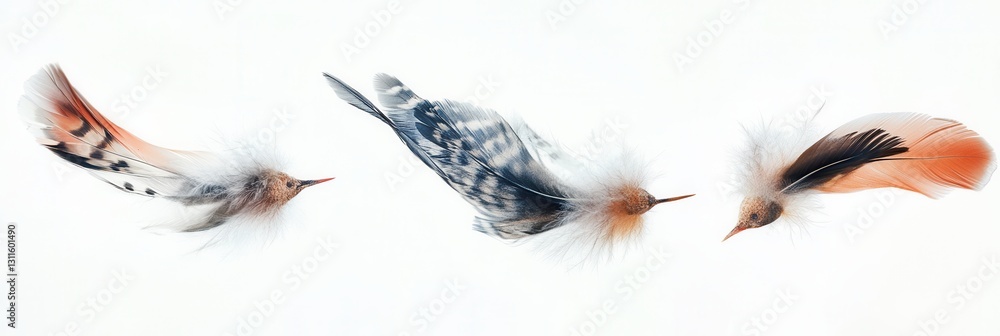 Fototapete soft feathers floating gently in a dreamlike arrangement on a white backdrop with serene high key li
