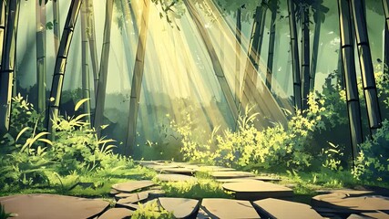 A serene forest scene with light rays filtering through a dense bamboo grove, highlighting a pathway of stones. - Powered by Adobe