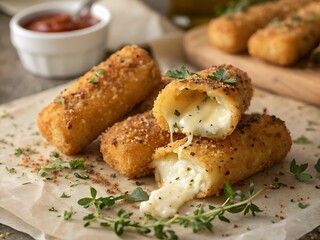 Delicious crispy mozzarella sticks with melted cheese, served with marinara sauce.