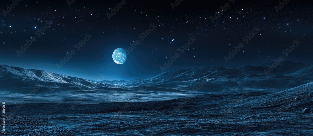 Wall mural serene lunar landscape under a deep blue night sky with a glowing moon illuminating the rugged surfa