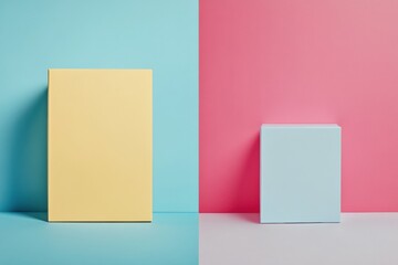 Fototapeta premium Visual rebranding showcasing old packaging in dull colors beside new vibrant design under professional lighting for effective product presentation