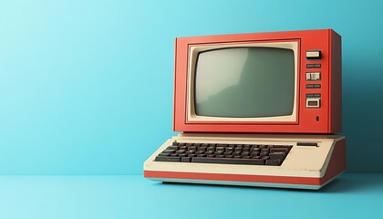 Retro Computer on Light Blue Surface