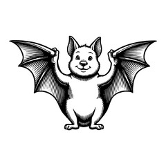 Cute Chibi Cartoon Bat with Smiling Face Detailed Illustration Black and White Outline Line Art Drawing