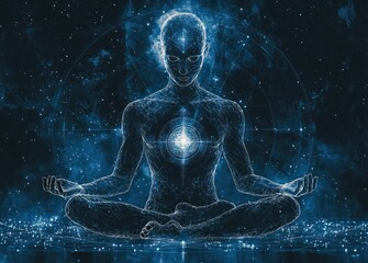 Mystical meditating figure with glowing chakras and cosmic energy in a vibrant spiritual universe of enlightenment Generative AI