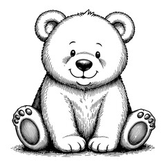 Cute Chibi Cartoon Bear Cub Sitting Down Front View with Smile Black and White Outline Line Art Drawing © Reytr