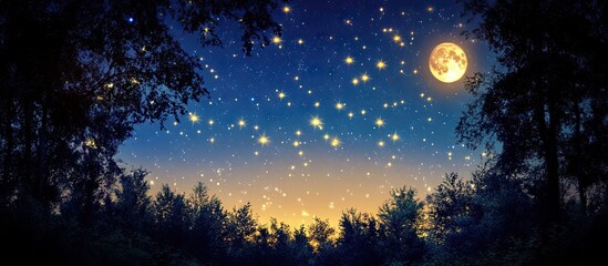 Starry night sky featuring clouds and a bright moon illuminated against a gradient blue to orange horizon surrounded by dark silhouetted trees.