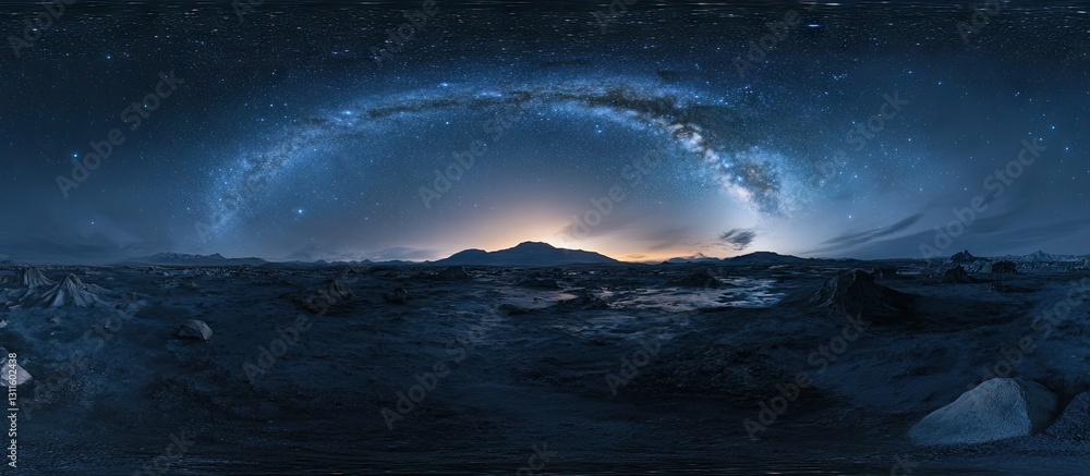 Wall mural panoramic view of the milky way in a dark blue night sky with stars arching over a calm ocean and mo