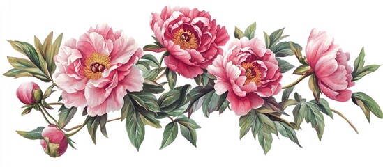 Pink peony flower collection in vibrant shades of pink with lush green leaves arranged horizontally against a white background emphasizing natural beauty and elegance