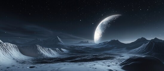 Luminous moon casting soft light over icy landscape under starry night sky with distant mountains creating a serene, tranquil atmosphere