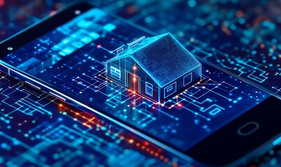Fototapeta premium Digital House Model on Smartphone Circuit Board