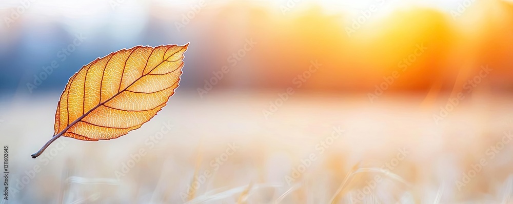 Poster climate change drought idea. a single autumn leaf glows softly against a blurred sunset background i
