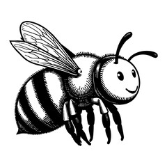 Cute Chibi Cartoon Bee Mascot Logo Design with Friendly Smile Black and White Outline Line Art Drawing