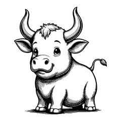 Cute Chibi Cartoon Bull Calf Front View Detailed Sketch Engraving Style Black and White Outline Line Art Drawing