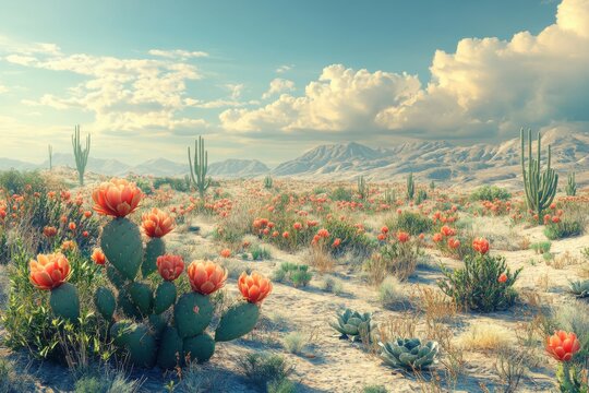 Desert landscape view. Cacti with orange flowers bloom. Mountains and cloudy sky. Arid nature scene. Scenic desert vista. Sunny day.
