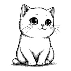 Cute Kitten Pet Animal Sitting Front View with Big Eyes Black and White Outline Line Art Drawing