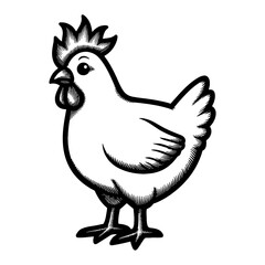 Cute Chibi Cartoon Chicken Standing with Detailed Black and White Outline Line Art Drawing Style
