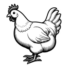 Cute Farm Chicken Standing Cartoon Black and White Detailed Pen Ink Engraving Style Outline Line Art Drawing