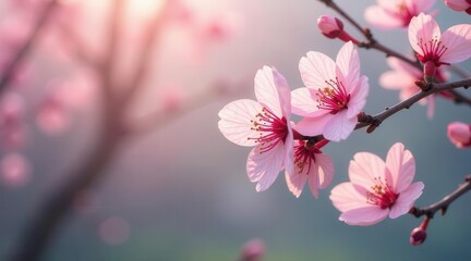 Obraz premium Delicate Pink Blossoms in Soft Sunlight, a Gentle Spring Awakening on a Branch