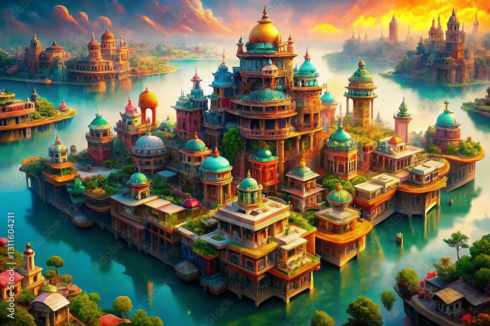 Poster surreal architectural design: floating cityscape with geometric structures