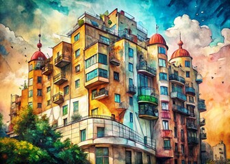 Obraz premium Surreal Architectural Sketch: Stylish Building Design, Dreamlike Cityscape, Documentary Photography Style